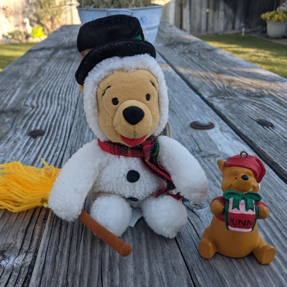 Vintage Winnie the Pooh Snowman Beanie and Christmas Ornament Bundle Set of 2